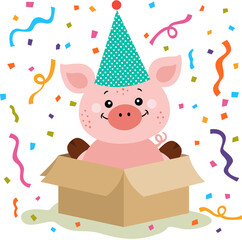 Naklejka premium Cute birthday pig in gift box