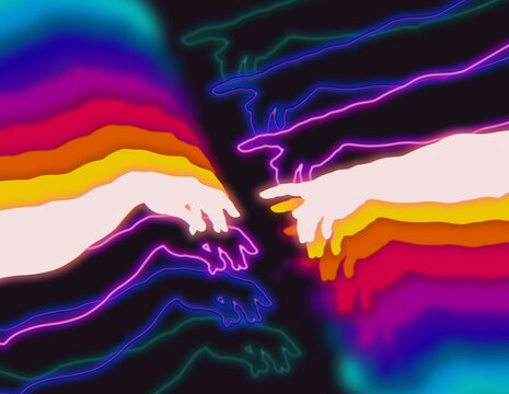 Reaching human hands abstract concept illustration in the 80s and 90s synthwave colorful style design on dark background.