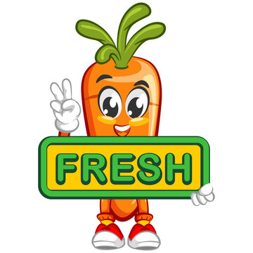 vector illustration of mascot character a cute carrot carrying a sign that says fresh