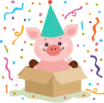 Cute birthday pig in gift box