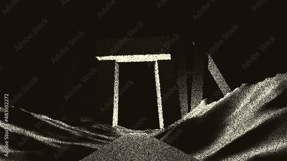 Poster Ancient ruins in sci-fi scene with dotwork retro style. Mysterious gate debris with dramatic lights and retro texture