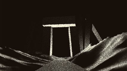 Ancient ruins in sci-fi scene with dotwork retro style. Mysterious gate debris with dramatic lights and retro texture © swillklitch