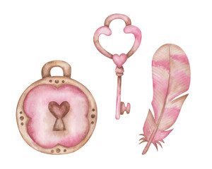 Watercolor illustration of hand painted key, padlock with heart key hole, bird feather brown and pink. Isolated clip art elements for postcard, wedding invitation. Love card for Valentine's Day
