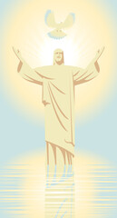 Easter banner or greeting card with Jesus Christ walking on the water, with outstretched arms and a flying dove. Beautiful vector illustration on a religious theme with the image of the Son of God