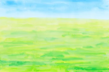 Rolgordijnen 草原と春色の空水彩背景 © miiko