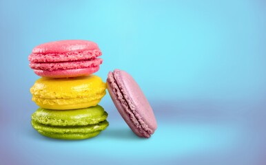 Tasty sweet macarons cakes of different colors. Culinary and cooking concept.