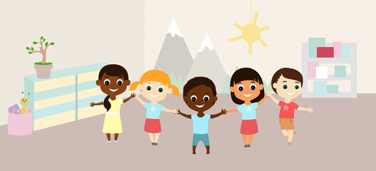 Cheerful children are in the kindergarten or school room. Boys and girls hold hands, these are children of different nationalities. Illustration in cartoon flat style.