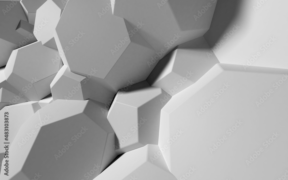 Poster Abstract background with white 3D shapes flying in the light as a messy array or chaotic structure for any pastel backdrop. 3D illustration