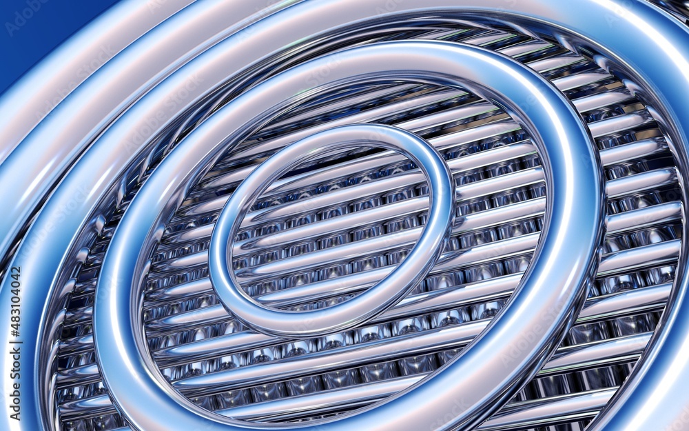 Poster abstract background with chrome circles over metallic pipes. 3d illustration