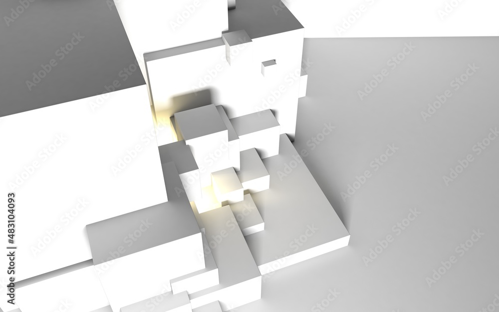 Poster abstract architectural background with cube construction or stage and light beam inside. 3d illustra