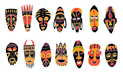 African tribal mask. Doodle style. Hand drawn colorful icon isolated on white. Vector illustration. - obrazy, fototapety, plakaty