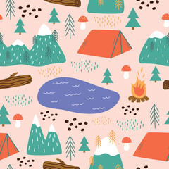 Vector seamless pattern of abstract forest with pine trees, tent, campfire, river and mountains. Cute doodle camping background