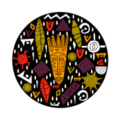 Conceptual illustration with tribal African mask and different decorative items. Hand drawn round template. Doodle style. Vector.