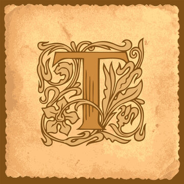 Ornate vector initial letter T in vintage style with fairy tale decoration on an old paper. Beautiful capital letter T suitable for monogram, logo, emblem, greeting card, invitation or label design