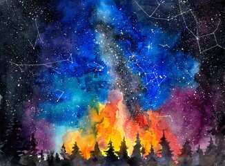 Beautiful watercolor illustration. Night starry sky, constellations and siluet forests.