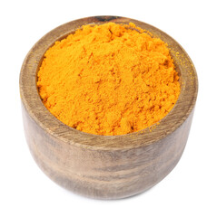 Aromatic saffron powder in bowl on white background