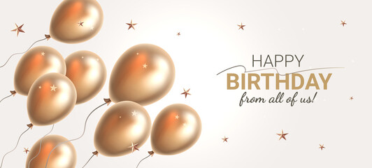 Vector happy birthday illustration with realistic golden color air balloon on light background and text. Beautiful holiday template design with balloon and word happy birthday