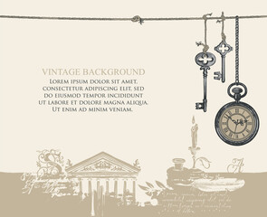 Vintage background with place for text. Vector illustration with hand-drawn pocket watch and old keys hanging on a rope on an abstract backdrop with an old building facade, inkwell, feather and candle - obrazy, fototapety, plakaty