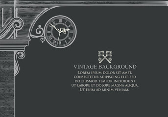Vintage banner or background with round street clock, medieval arch, old keys and place for text on a black backdrop. Hand-drawn vector illustration in retro style, suitable for certificate or diploma