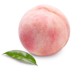 White Peach fruit with leaf isolated on white background, Fresh Peach on White Background With clipping path,