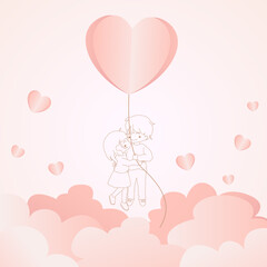 Hearts balloons with couple flying on pink background.
