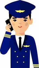 Pilot Aircraft Captain with Phone in Flat Style