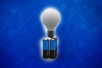 3d rendering Electrical energy and power supply source concept, accumulator battery with charging led bulb 