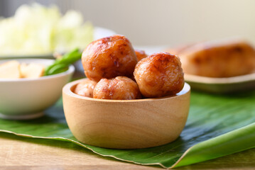 Thai sausage or Isan sausage, grilled fermented rice with minced pork, Popular Thai street food