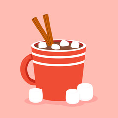 Pile of marshmallows on Cocoa. Cocoa with marshmallows in a red cup. Red cup with muffin, cinnamon and Marshmallows. Beautiful winter postcard. Flat vector illustration.