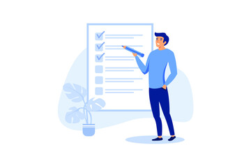finishing project tasks or work done conclusion, project management or process plan concept, smart businessman using pen to check on project list checkbox marked as completed. flat vector illustration - obrazy, fototapety, plakaty
