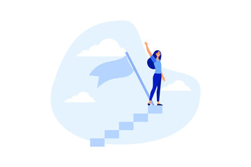 Success female entrepreneur, woman leadership or challenge and achievement concept, success businesswoman on top of career staircase holding winning flag looking for future visionary. flat vector