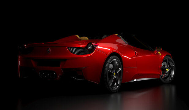 Almaty, Kazakhstan - Jan 17, 2022: Ferrari 458 Spider studio shots on the dark background. 3d render