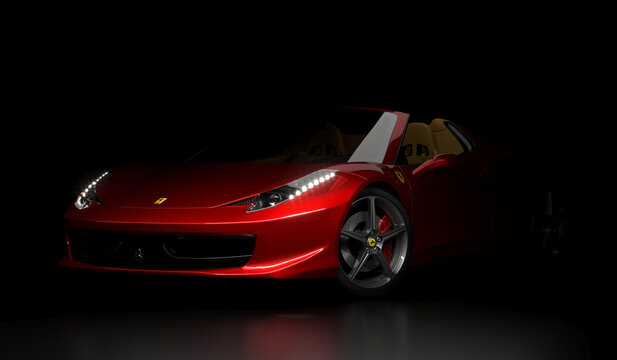 Almaty, Kazakhstan - Jan 17, 2022: Ferrari 458 Spider studio shots on the dark background. 3d render