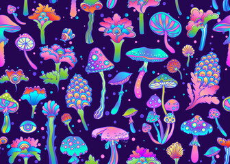 Colorful flowersl and mushrooms seamless pattern, retro 60s, 70s hippie style background. Vintage psychedelic textile, fabric, wrapping, wallpaper. Vector repeating magic floral illustration. - obrazy, fototapety, plakaty