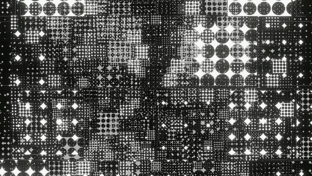 3d animated video of zooming through layered matrix of dot grids in black and white