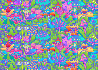 Fototapeta na wymiar Colorful flowersl and mushrooms seamless pattern, retro 60s, 70s hippie style background. Vintage psychedelic textile, fabric, wrapping, wallpaper. Vector repeating magic floral illustration.