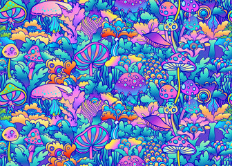 Colorful flowersl and mushrooms seamless pattern, retro 60s, 70s hippie style background. Vintage psychedelic textile, fabric, wrapping, wallpaper. Vector repeating magic floral illustration. - obrazy, fototapety, plakaty