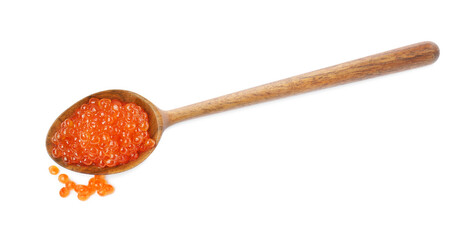 Wooden spoon and delicious red caviar isolated on white, top view