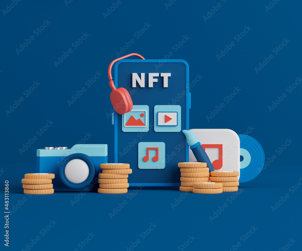 Poster 3d rendering nft or non fungible token . nft app on smartphone with stack of coins, camera, headphon