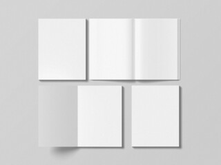 Blank closed and opened books, brochures, or magazines mockup. Realistic rendering object on gray background. US letter size standard