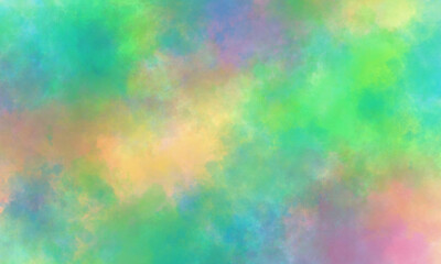 Abstract translucent watercolor background in green, yellow, blue, purple and orange tones. Copy space, horizontal banner.