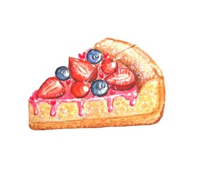Watercolor dessert, pie with berries, strawberries and blueberries