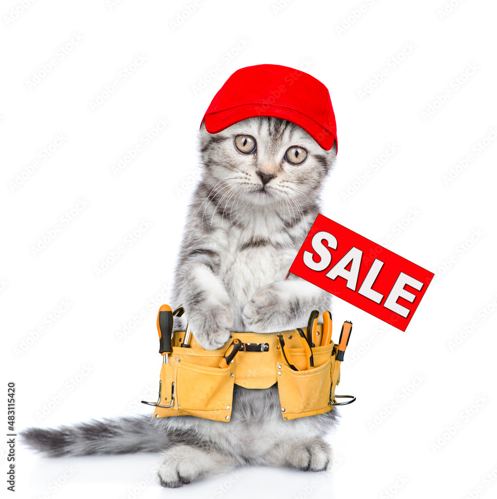 Poster funny cat worker wearing red cap and toolbelt shows sales symbol. isolated on white background