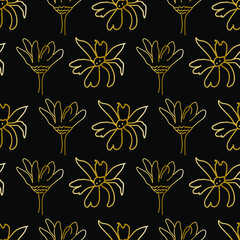Vector seamless pattern with gold wildflowers on black background in doodle.Textural,botanical,summer print in hand dr style.Design for fabric, wrapping paper ,packaging, textiles, wallpaper.