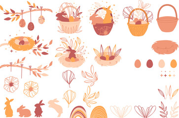 Easter set of illustrations with basket, nest, bunnies, eggs decorated flowers and leaves. Modern boho Easter bundle