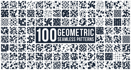 100 abstract vector geometric seamless patterns big set, black and white simple geometric elements repeat tiles, wallpapers or website backgrounds, design background in retro style.