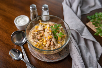 White Chicken Chili. Corn soup with chicken and beans. Easy slow cooker meal. 