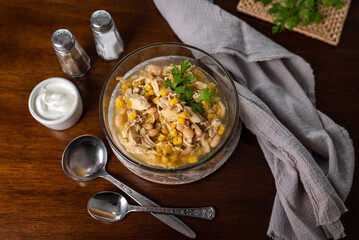 White Chicken Chili. Corn soup with chicken and beans. Easy slow cooker meal. 