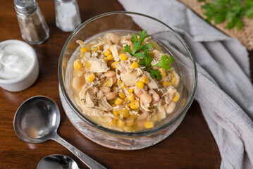 White Chicken Chili. Corn soup with chicken and beans. Easy slow cooker meal. 