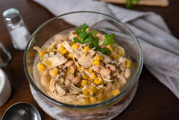 White Chicken Chili. Corn soup with chicken and beans. Easy slow cooker meal. 